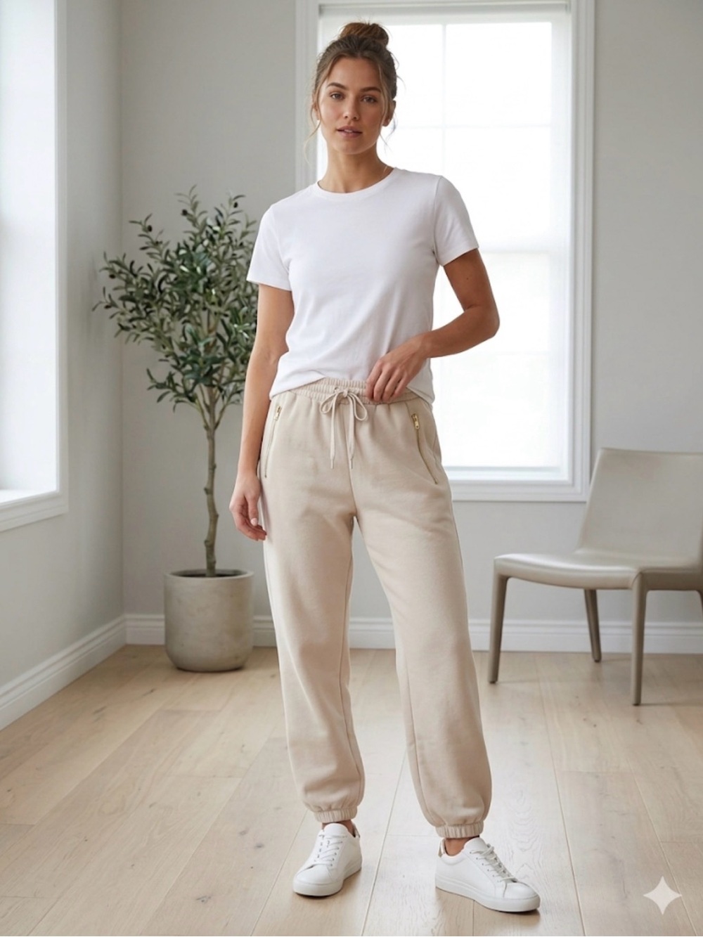 Bucket List High Rise Beige Neutral Lounge Soft Jogger Gold Zippers Size Medium